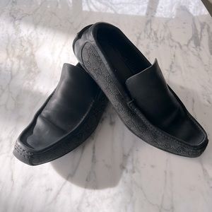 Gucci Loafers, black leather and monogram G canvas, Size 8-1/2